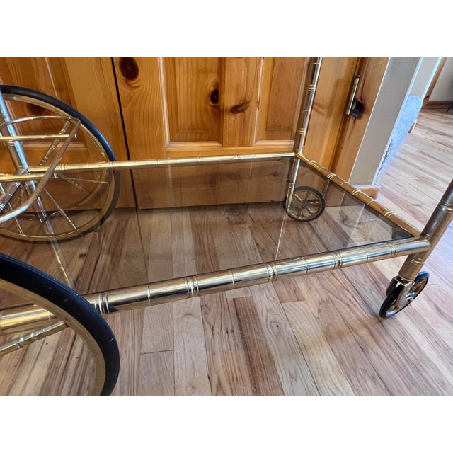 Mid Century Modern French Brass Faux Bamboo 2-Tier Bar Drink Cart Glass Shelves For Sale - Image 10 of 11