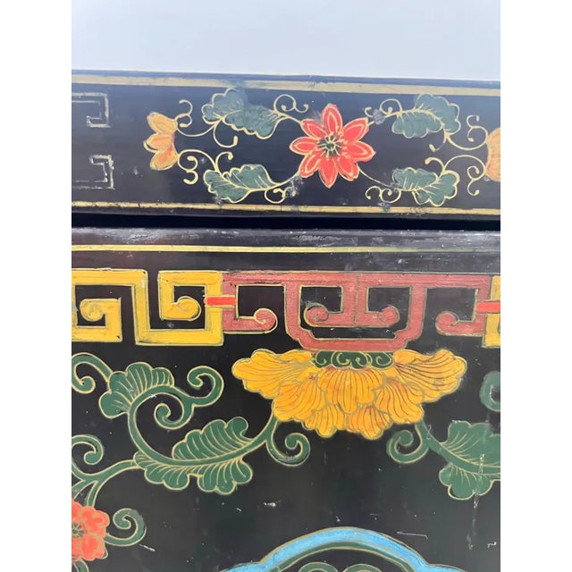 Vintage Asian Black Lacquered Cabinet or Chest With Hand-Painted Floral Motif For Sale - Image 10 of 14