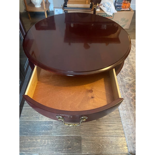 Pennsylvania House Late 20th Century Pennsylvania House Cherry Drum Table With Brass Hardware and Carved Pedestal Base For Sale - Image 4 of 11