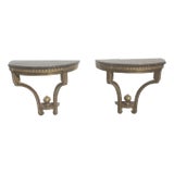 1920s Pair of Antique Wall-Mounted Console Tables, Marble Tops, Wood, Gold For Sale