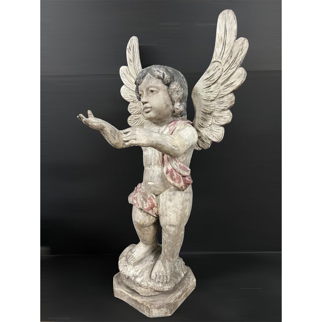 Late 20th Century Vintage Hand Carved Wooden Standing Angel With Glass Eyes Sculpture For Sale - Image 5 of 10