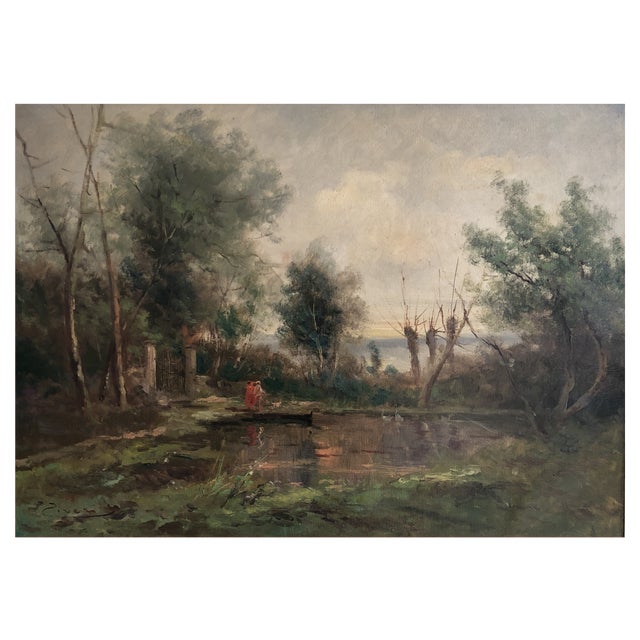 Ziveri, Couple en balade au bord de l'étang avec chien et cygnes, Oil on Canvas, Framed For Sale