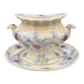 Antique 1860s Staffordshire Footed Scalloped Tureen and Matching Underplate Set by Wood, Challinor & Co. English Pottery For Sale