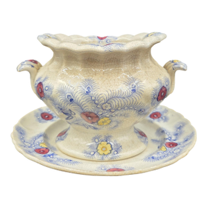 Antique 1860s Staffordshire Footed Scalloped Tureen and Matching Underplate Set by Wood, Challinor & Co. English Pottery