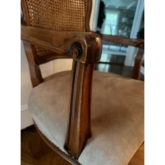 Vintage Petite Carved Wood Arm Chair With Cane Back and Suede Seat For Sale - Image 12 of 12