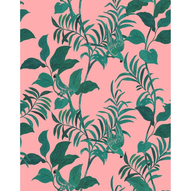 Sample - Tropical Birds Wallpaper by Paule Marrot in Pink and Green For Sale