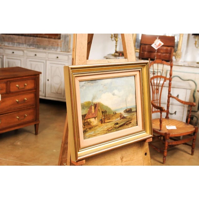 French 19th Century Framed Oil On Panel Painting Depicting a Village by the Sea For Sale - Image 12 of 12