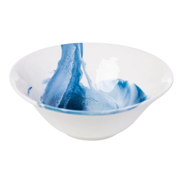 Large Blue & White Splash Ceramic Serving Bowl For Sale
