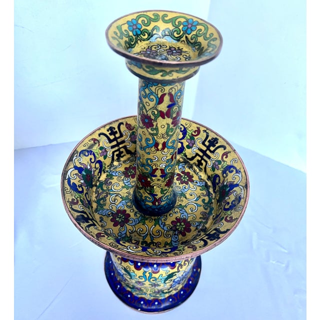 19th Century Chinese Imperial Yellow Cloisonné Enamel Pricket Candle Holders - A Pair For Sale - Image 16 of 18