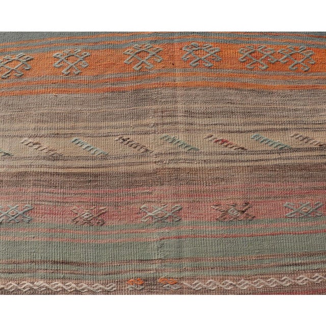Vintage Turkish Kilim Runner With Pastel Coral, Sage and Blue Stripes For Sale - Image 4 of 10