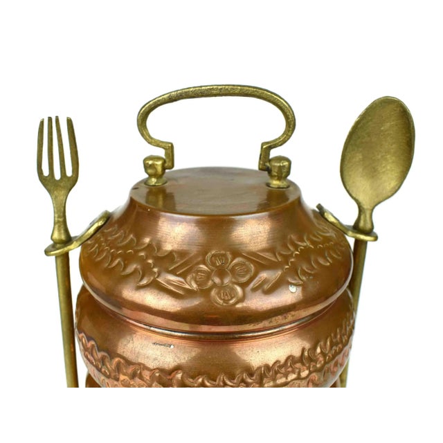 Mid 20th Century Mid 20th Century Hand Hammer Engraved Stackable Three Compartments Tiffin Copper and Brass Lunch Box For Sale - Image 5 of 11