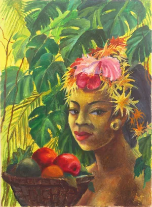 'Woman Bearing Fruit' by Orla Muff; Mid-Century Polynesian Figural, Tropical Jungle, Pacific Islands