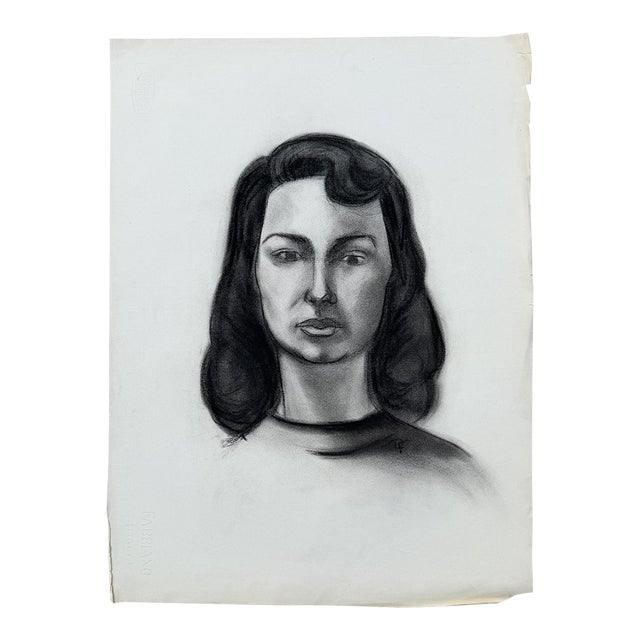 Mid 20th Century Signed Charcoal Portrait Drawing of a Woman With Dark Hair Donna Foreman Hopper For Sale