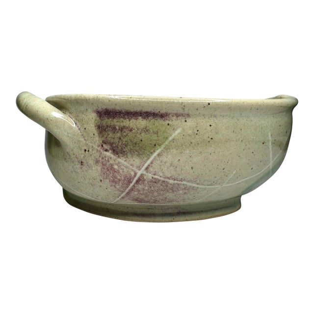 Abstract Studio Art Pottery Decorative Bowl in Pistachio Green and Plum For Sale