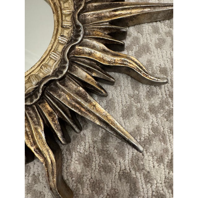 Vintage Silver and Gilt Sunburst Mirrors – A Pair. Heavy Plaster Hollywood Regency / Spanish Revival For Sale - Image 4 of 6