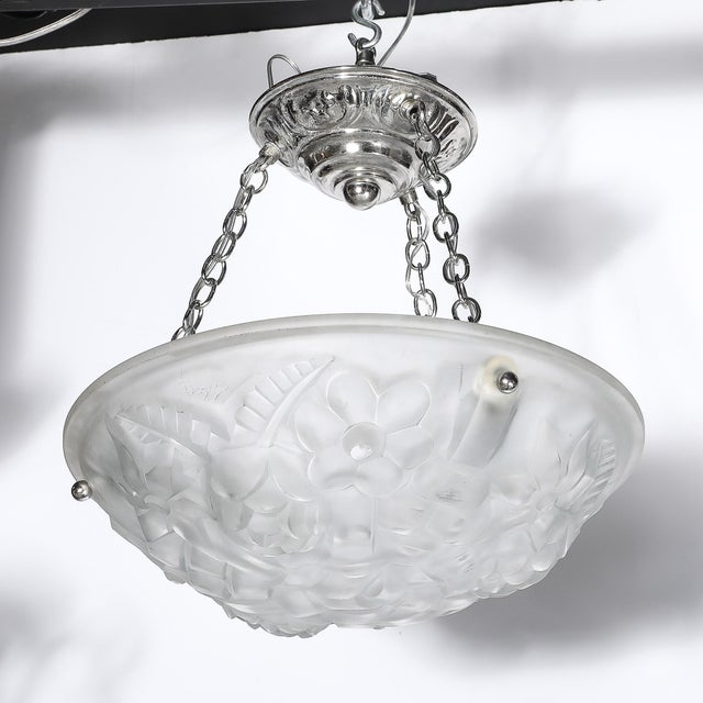 Art Deco Frosted Glass Floral Cubist Chandelier W/ Chrome Fittings Signed Degué For Sale - Image 13 of 18