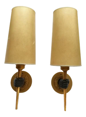 Pair of 1940s French Bronze Hand Wall Sconces With Paper Shades