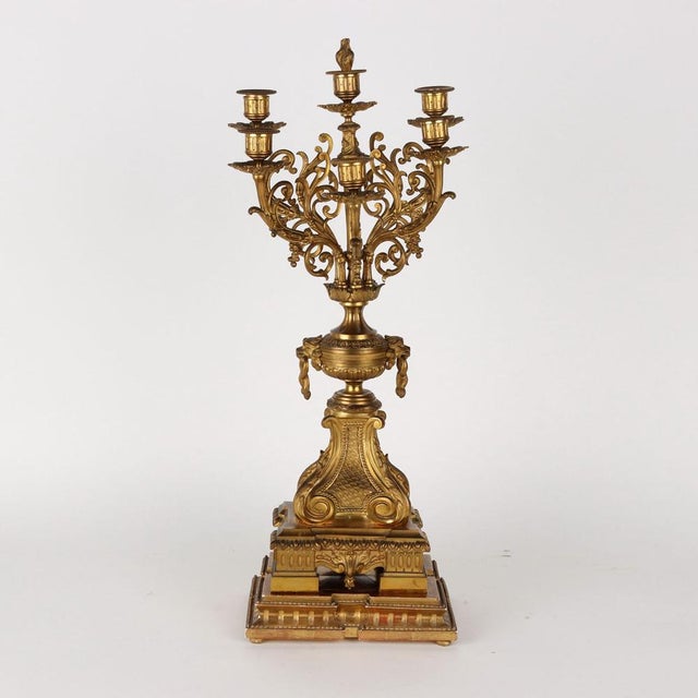 Triptych Clock & Candleholders in Bronze, France, 19th Century, Set of 3 For Sale - Image 14 of 16
