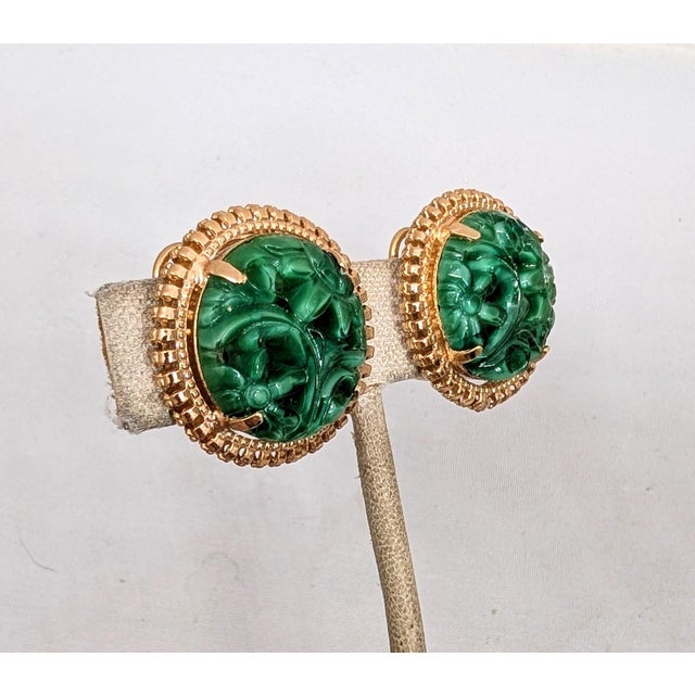 Napier Vintage 1965 Signed Napier Round Goldtone Carved Faux-Jade Clip Earrings-2 Pieces For Sale - Image 4 of 7