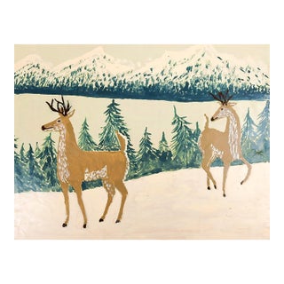 1940s Outsider Folk Art Mountain Landscape With Deer Painting For Sale