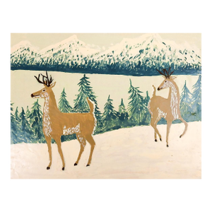 1940s Outsider Folk Art Mountain Landscape With Deer Painting