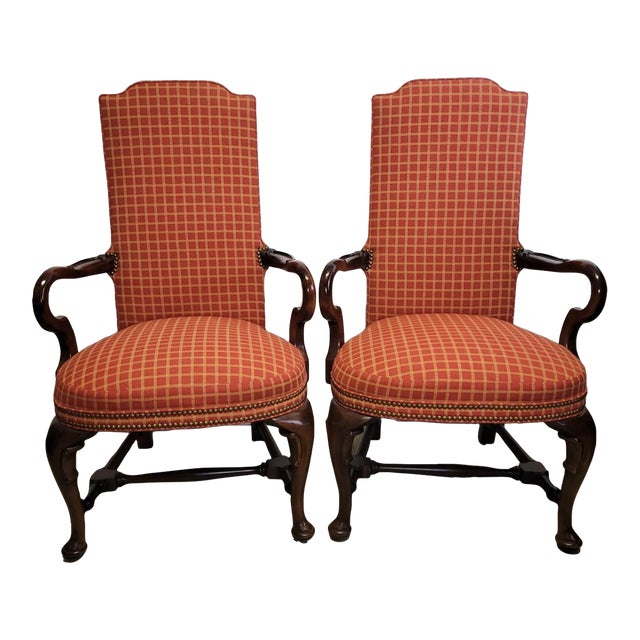 Pair of Vintage Century Furniture French Louis XV Revival Walnut Armchairs With Nailhead Trim For Sale