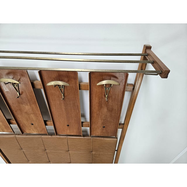 Wooden Wall Coat in Skai with Brass Hangers, 1950s For Sale - Image 4 of 11