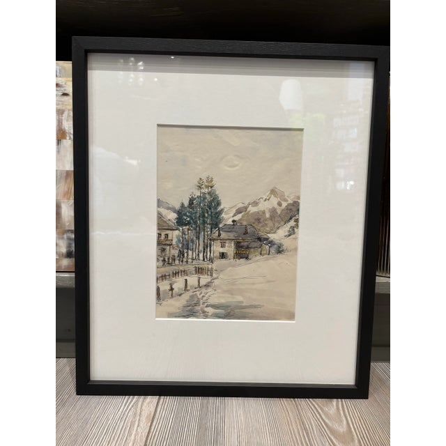 Lovely vintage watercolor and ink drawing found in Parisian flea market depicting a cozy winter mountain landscape with...
