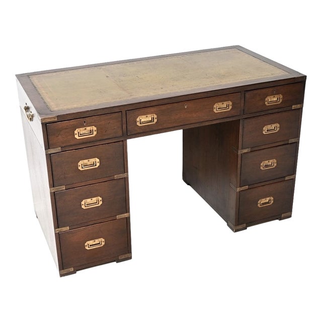 Military Campaign Leather Top Pedestal Desk, 1930 For Sale