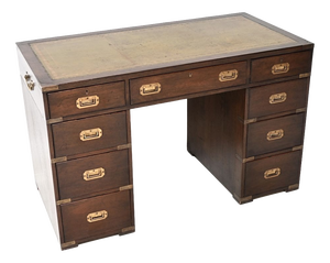 Military Campaign Leather Top Pedestal Desk, 1930