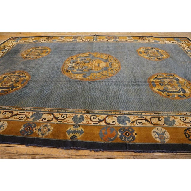 Blue Special Blue and Gold Bronze Color Unique With Animalistic Design Antique Chinese Rug For Sale - Image 8 of 12