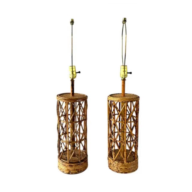 Mid 20th Century Vintage Mid Century Rattan and Bamboo Cylinder Table Lamps, a Pair For Sale - Image 5 of 13