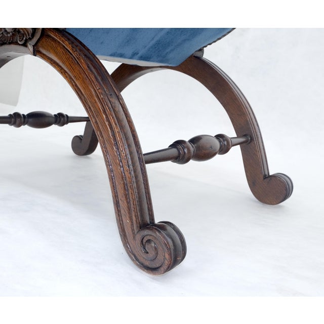 French Carved Wood Scissor Shape Blue Velvet Upholstery Bench For Sale - Image 12 of 13