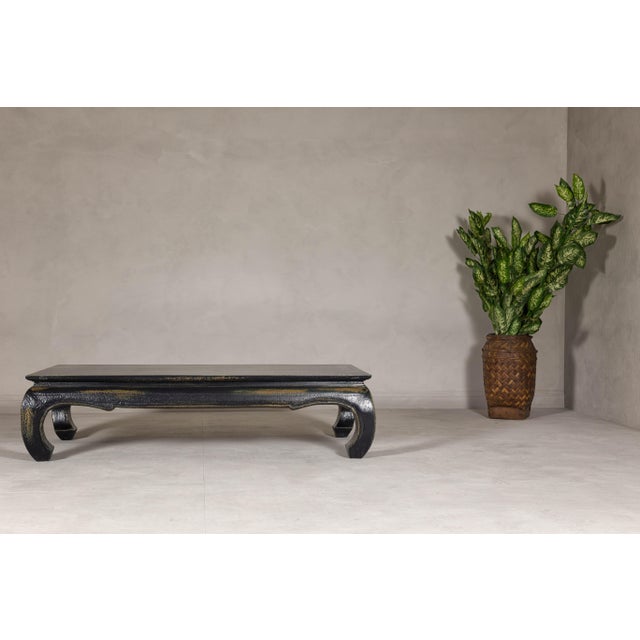 Distressed Dark Blue Chow Leg Coffee Table with Ocher Accents and Waisted Apron For Sale - Image 9 of 12