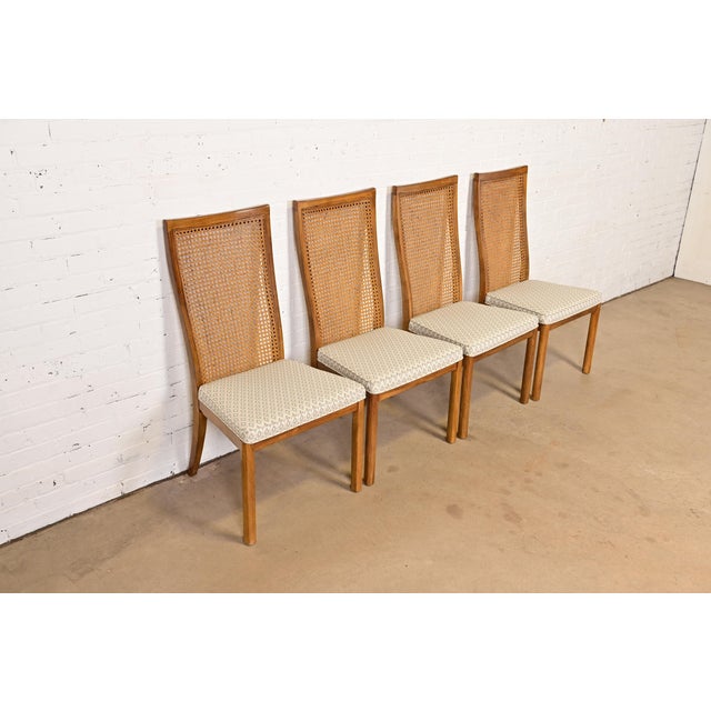 Drexel Heritage Drexel Heritage Mid-Century Modern Walnut and Cane High Back Dining Chairs, Set of Four For Sale - Image 4 of 12