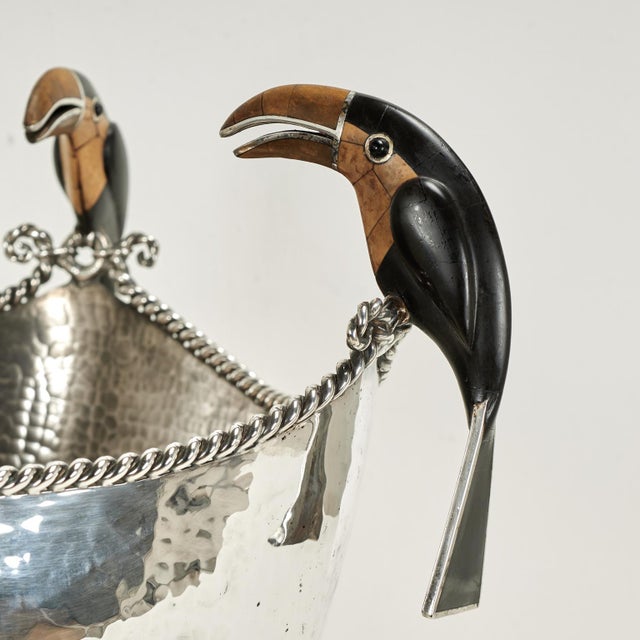 Metal Mid Century Silver Plate Bowl or Wine Cooler With Toucans by Emilia Castillo For Sale - Image 7 of 11