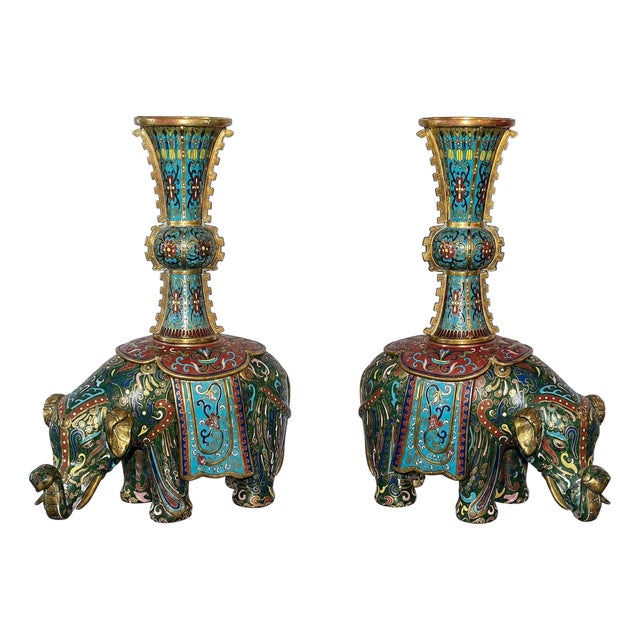 Pair of 19th Century Chinese Cloisonné Elephant Gu Vases For Sale