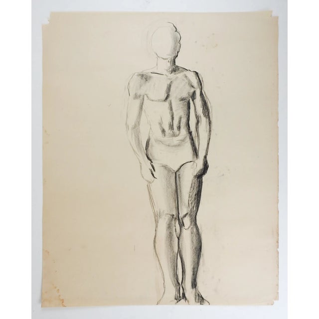 Vintage charcoal on paper male figural study by Geneva Flores Hart Fell (1906-2008) Texas, circa 1950s. Unsigned, from the...