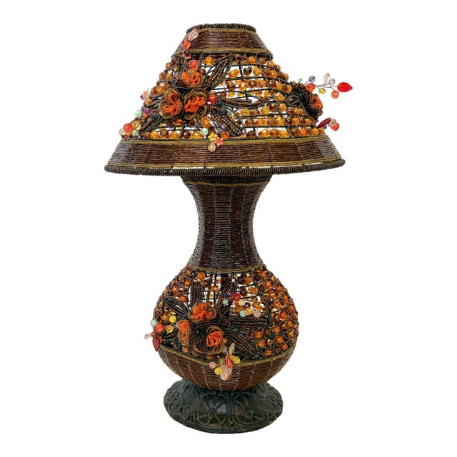 Vintage Beaded Tramp Art Table Lamp With Floral Embellishments For Sale