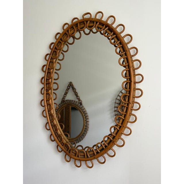 Brown Vintage Oval Honey Rattan and Bamboo Wall Mirror, Italy, 1960s For Sale - Image 8 of 14