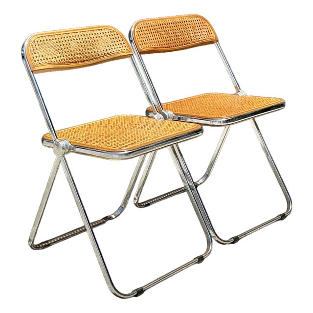 Vintage Italian Chrome and Cane Folding Chairs - A Pair For Sale