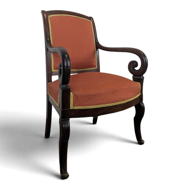 Restoration Style Mahogany Armchair with Curved Armrests and Orange Fabric For Sale - Image 11 of 11