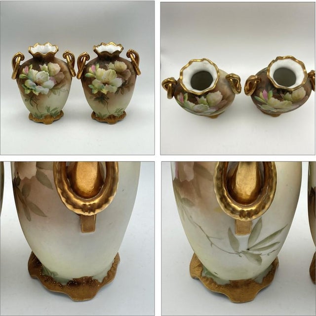 Pair of Nippon Morimura Brothers 7” Mantle Vases Ring Handles, Rose Motif, Antique (Please Read) For Sale - Image 11 of 18