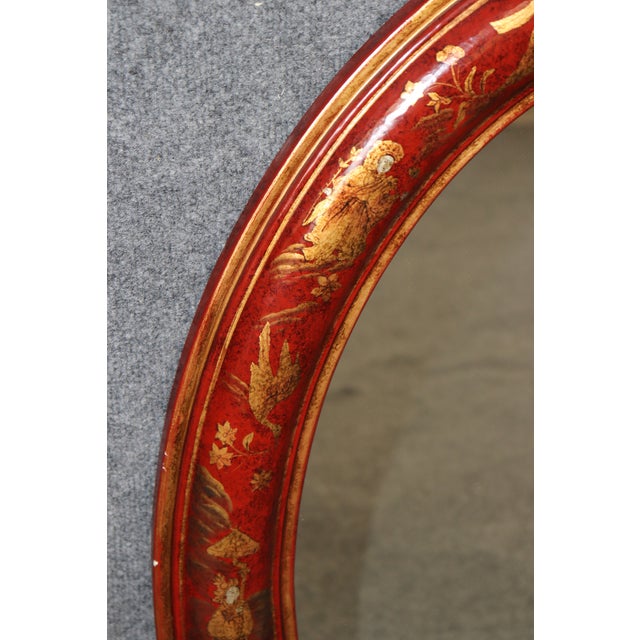 1920s Red Lacquered Chinoiserie Oval Hand Painted Wall Mirror For Sale - Image 5 of 5