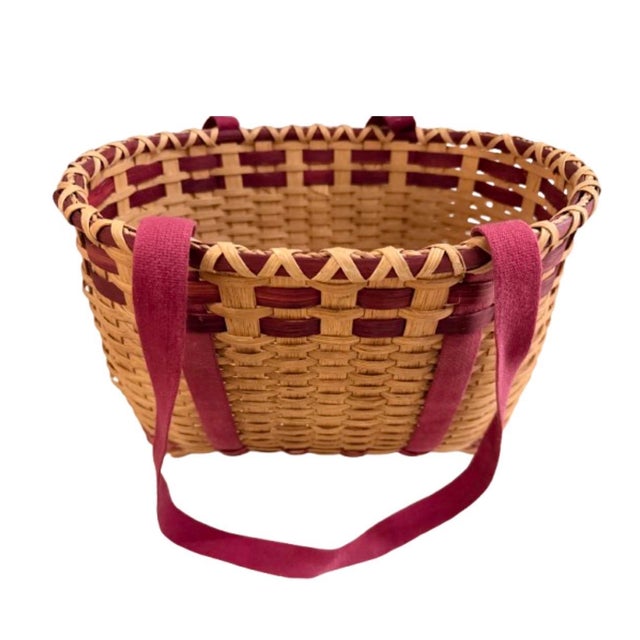 Farmhouse Vintage American Handwoven Splint Basket With Burgundy Accent. For Sale - Image 3 of 7