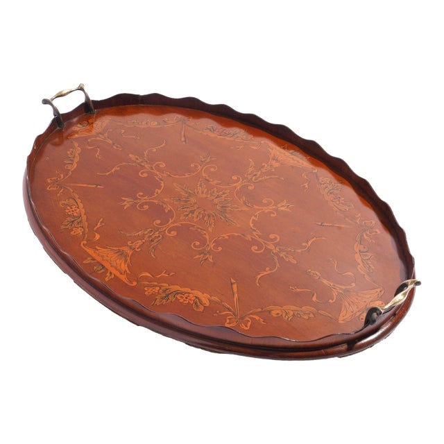 English Mahogany Oval Inlaid Serving Tray With Scalloped Gallery, C. 1800's For Sale