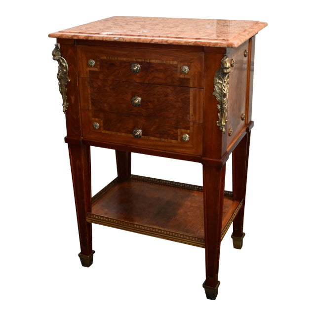 Inlaid Wood Nightstand Vintage Italian 3 Drawer Marble Accent Chest Brass Ormolu 80s For Sale
