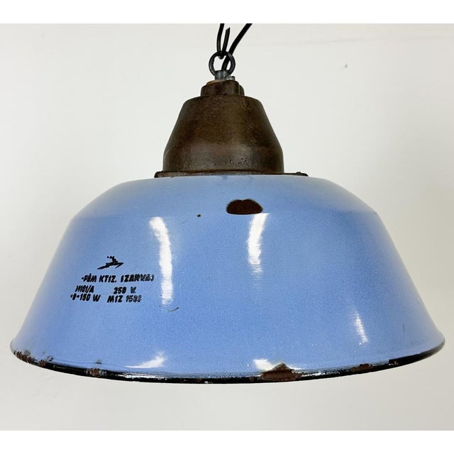 Industrial Blue Enamel and Cast Iron Pendant Light, 1960s For Sale - Image 6 of 16
