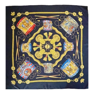 Hermes Les Tambours Black Silk Scarf Designed By Joachim Metz In 1989 For Sale