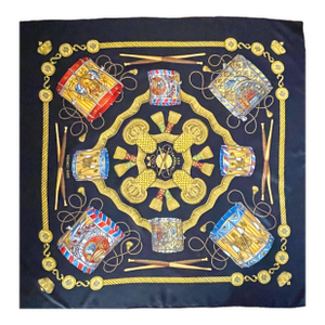 Hermes Les Tambours Black Silk Scarf Designed By Joachim Metz In 1989